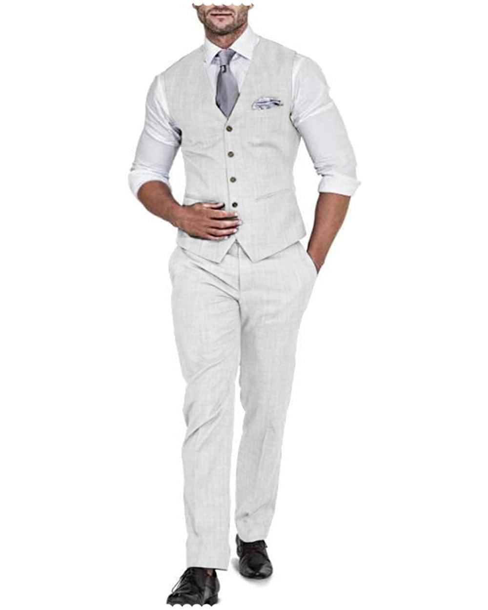 2 Pieces Men's  Flat Linen V Neck Wedding Suit