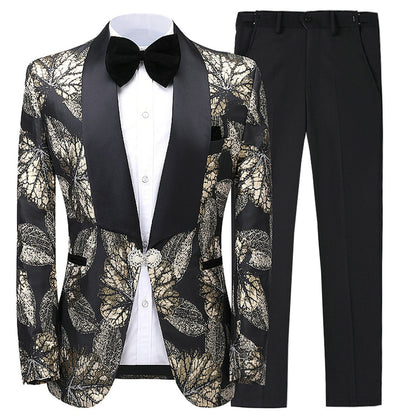 2 Pieces Men's Leaves Patterned Shawl Lapel Suit