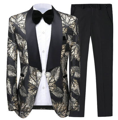 2 Pieces Men's Leaves Patterned Shawl Lapel Suit