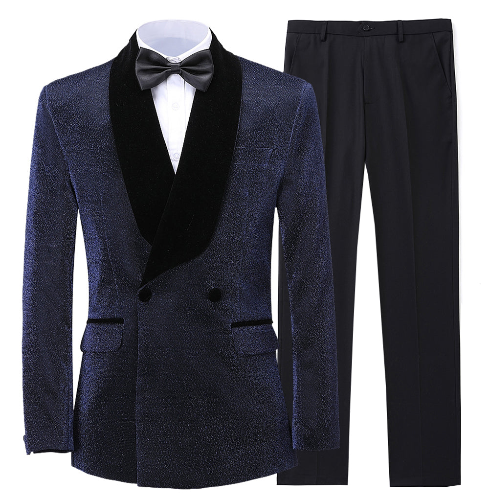 2 Pieces Men's Navy Tweed Shawl Lapel Suit