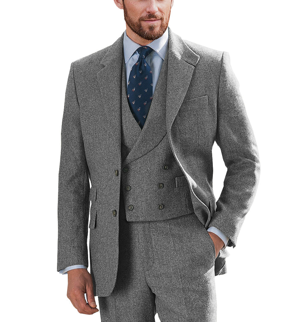 3 Pieces Men's Herringbone Notch Lapel Suit