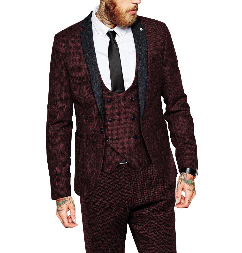 3 Pieces Men's Herringbone Notch Lapel Suit