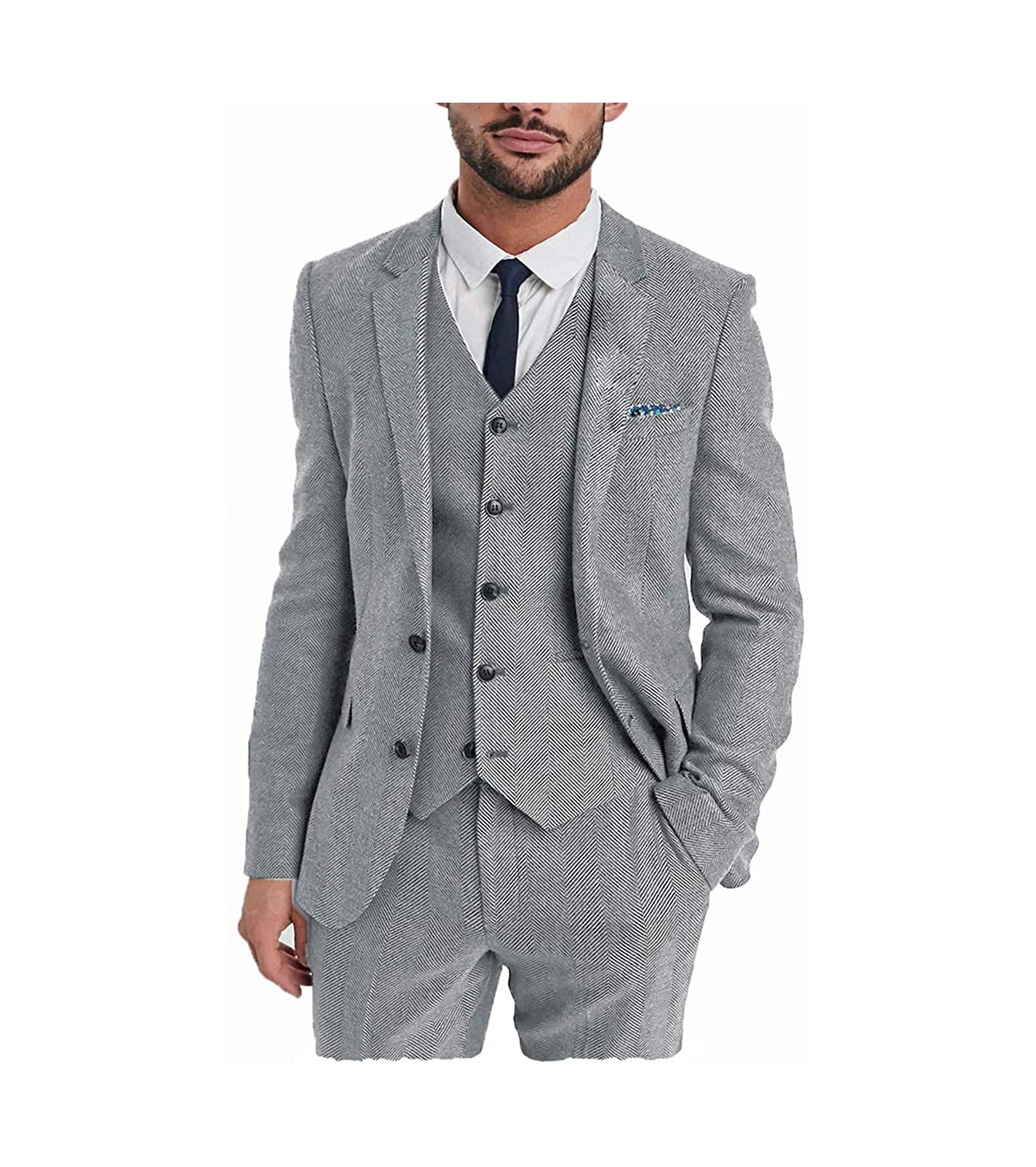 3 Pieces Men's Herringbone Notch Lapel Suit