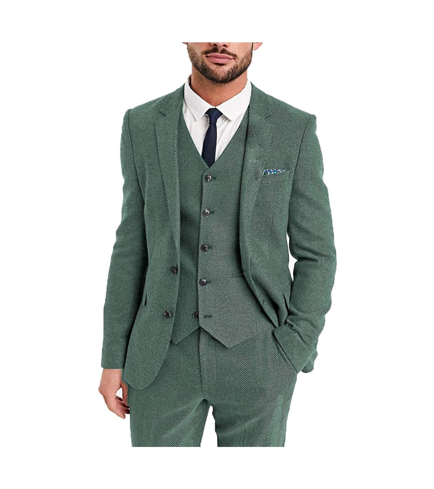 3 Pieces Men's Herringbone Notch Lapel Suit