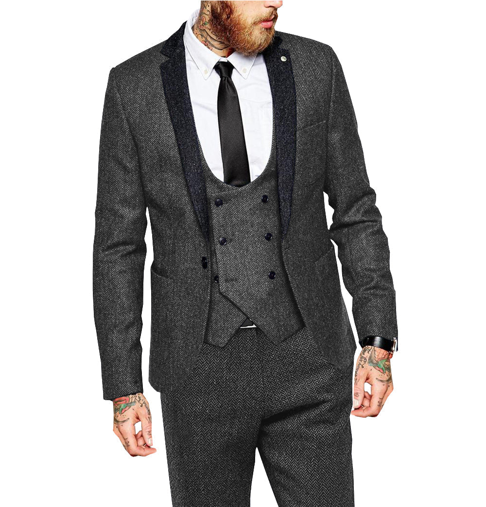 3 Pieces Men's Herringbone Notch Lapel Suit