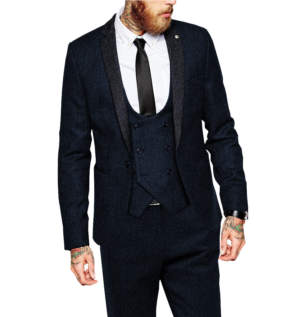 3 Pieces Men's Herringbone Notch Lapel Suit