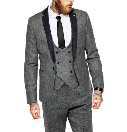 3 Pieces Men's Herringbone Notch Lapel Suit