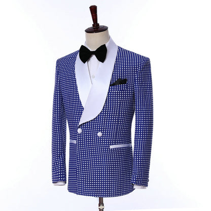 Formal Houndstooth Shawl Lapel Blue 2 Pieces Suit