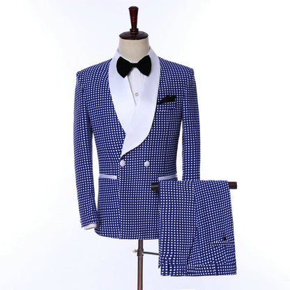 Formal Houndstooth Shawl Lapel Blue 2 Pieces Suit