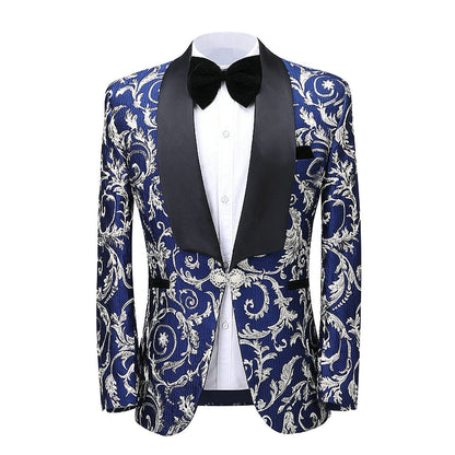 Blue 2 Pieces Mens Suit Patterned Shawl Lapel (Blazer+Pants)