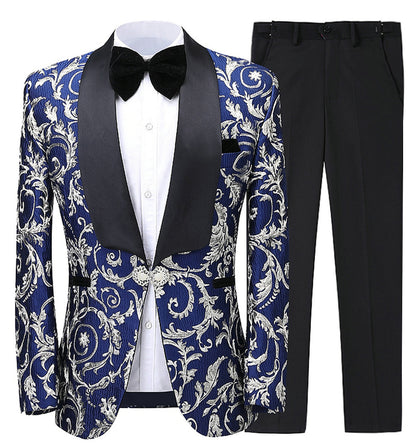 Blue 2 Pieces Mens Suit Patterned Shawl Lapel (Blazer+Pants)