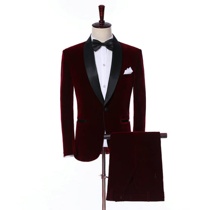 Burgundy Formal Velveteen 2 Pieces Suit