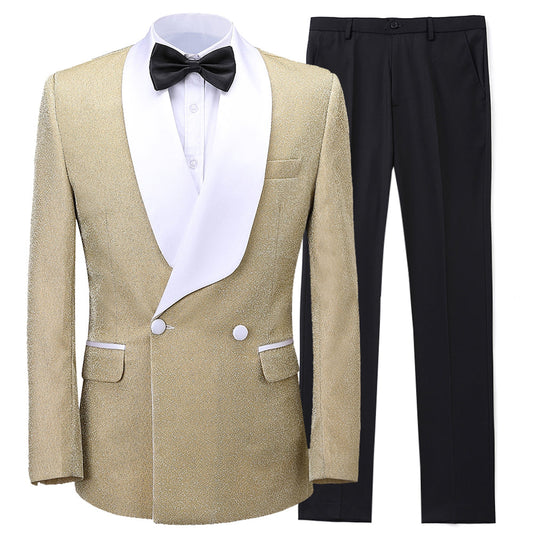 2 Pieces Men's Champagne Tweed Shawl Lapel Suit