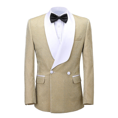 2 Pieces Men's Champagne Tweed Shawl Lapel Suit