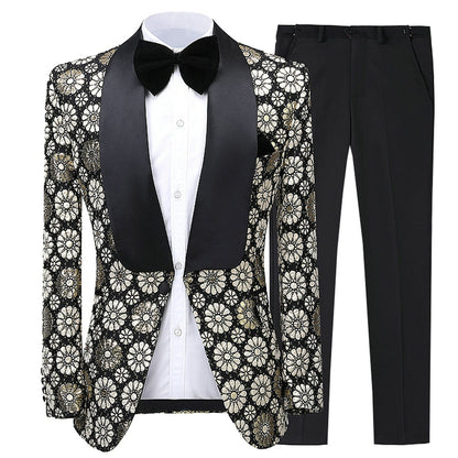 2 Pieces Men's Flower Patterned Shawl Lapel Suit