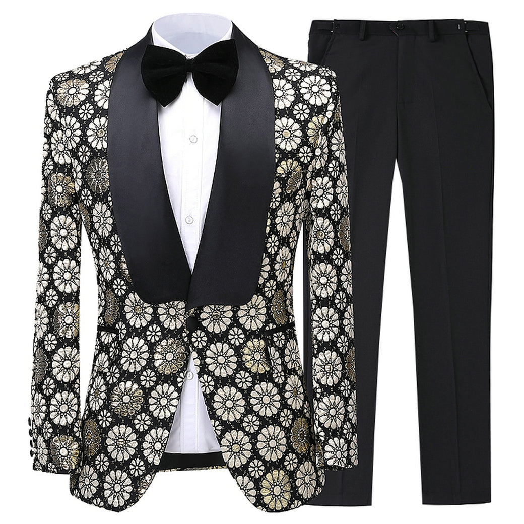 2 Pieces Men's Flower Patterned Shawl Lapel Suit