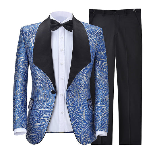 2 Pieces Men's Formal Blue Patterned Suit