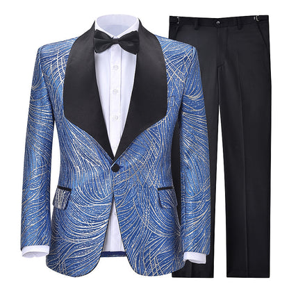 2 Pieces Men's Formal Blue Patterned Suit