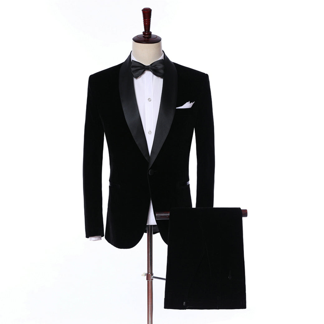 2 Pieces Men's Formal Shawl Lapel Velveteen Suit