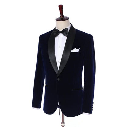 2 Pieces Men's Navy Formal Shawl Lapel Velveteen Suit