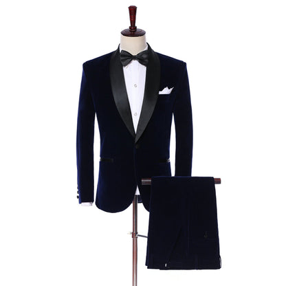 2 Pieces Men's Navy Formal Shawl Lapel Velveteen Suit