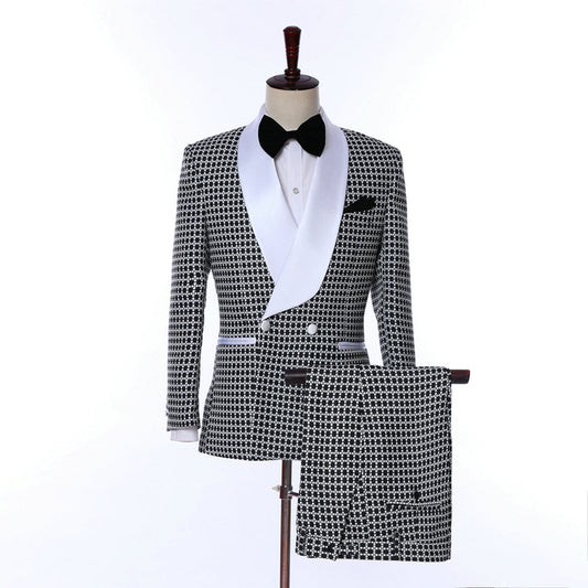 White 2 Pieces Mens Suit Formal Houndstooth Shawl Lapel