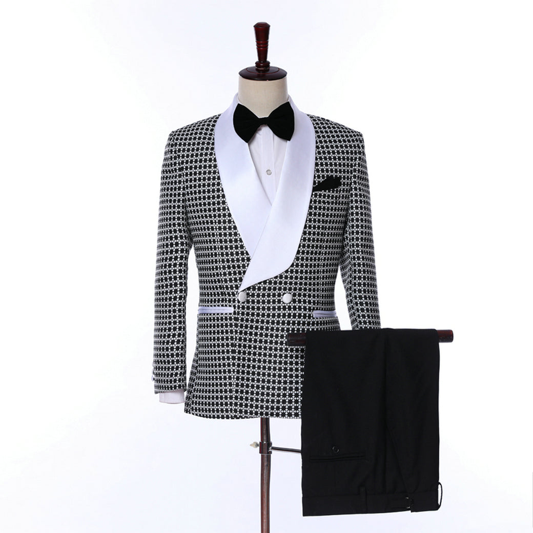 White 2 Pieces Mens Suit Formal Houndstooth Shawl Lapel