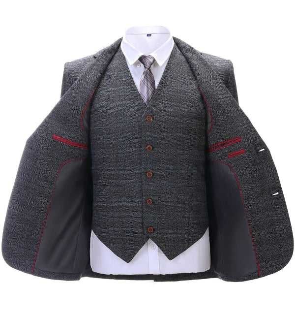 Men's 3 Pieces Classic Light Black Tweed Plaid Suit