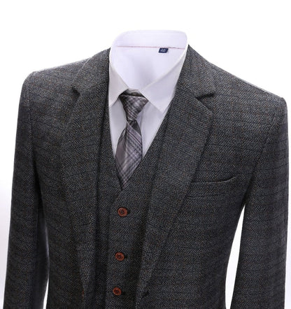 Men's 3 Pieces Classic Light Black Tweed Plaid Suit