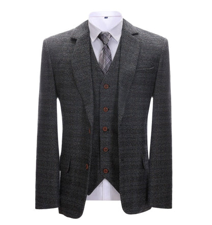 Men's 3 Pieces Classic Light Black Tweed Plaid Suit