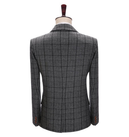 Men's 3 Pieces Classic Dark Grey Tweed Plaid Suit