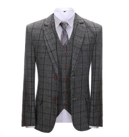 Men's 3 Pieces Classic Dark Grey Tweed Plaid Suit