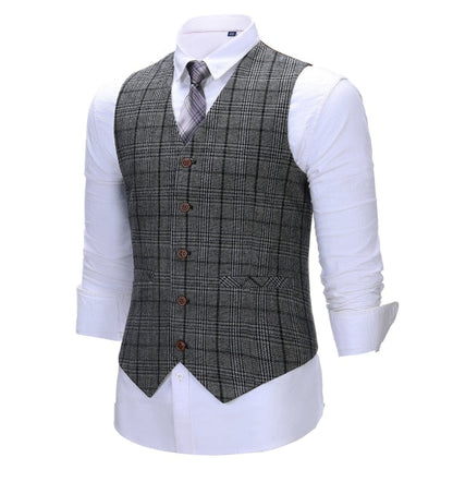 Men's 3 Pieces Classic Dark Grey Tweed Plaid Suit