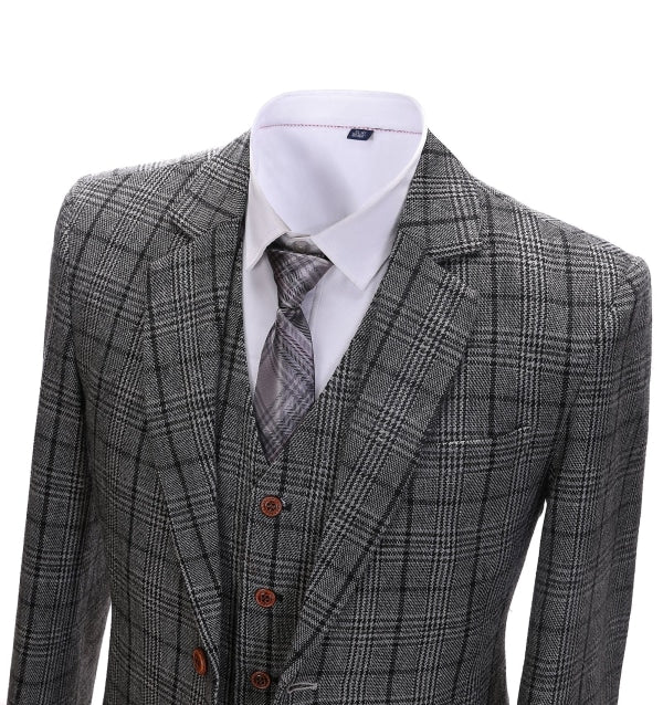 Men's 3 Pieces Classic Dark Grey Tweed Plaid Suit