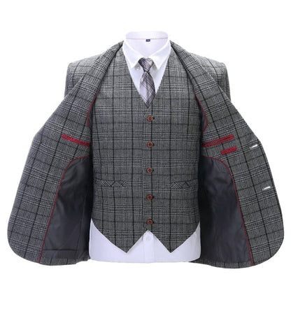 Men's 3 Pieces Classic Dark Grey Tweed Plaid Suit