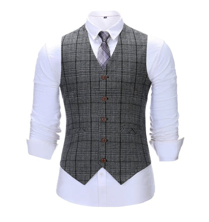 Men's 3 Pieces Classic Dark Grey Tweed Plaid Suit