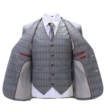 Men's 3 Pieces Classic Tweed Grey Plaid Suit