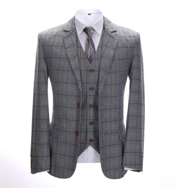 Men's 3 Pieces Classic Tweed Grey Plaid Suit