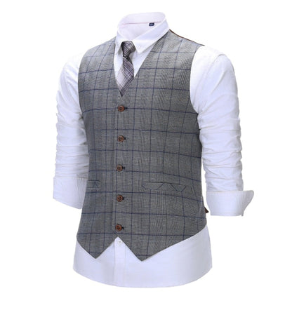 Men's 3 Pieces Classic Tweed Grey Plaid Suit