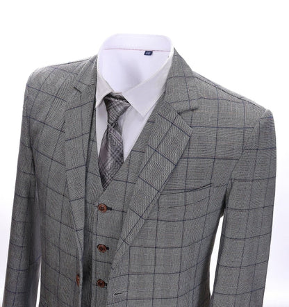 Men's 3 Pieces Classic Tweed Grey Plaid Suit