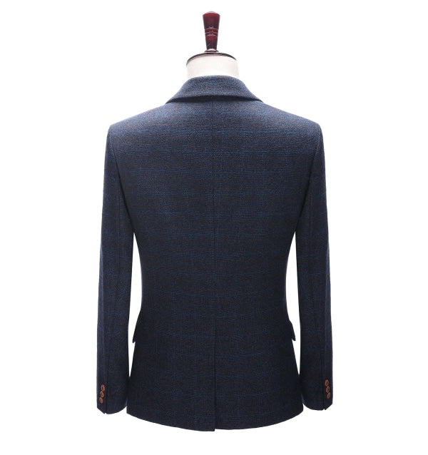 Men's 3 Pieces Classic Dark Navy Plaid Suit