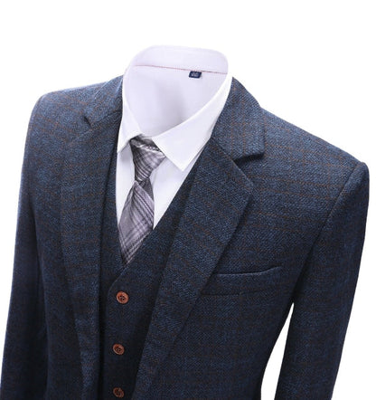 Men's 3 Pieces Classic Dark Navy Plaid Suit