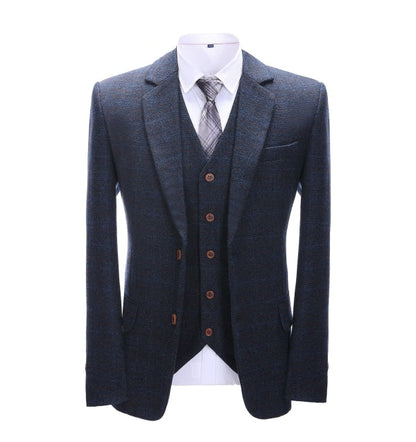 Men's 3 Pieces Classic Dark Navy Plaid Suit