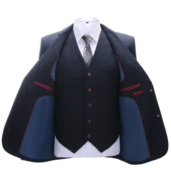 Men's 3 Pieces Classic Dark Navy Plaid Suit