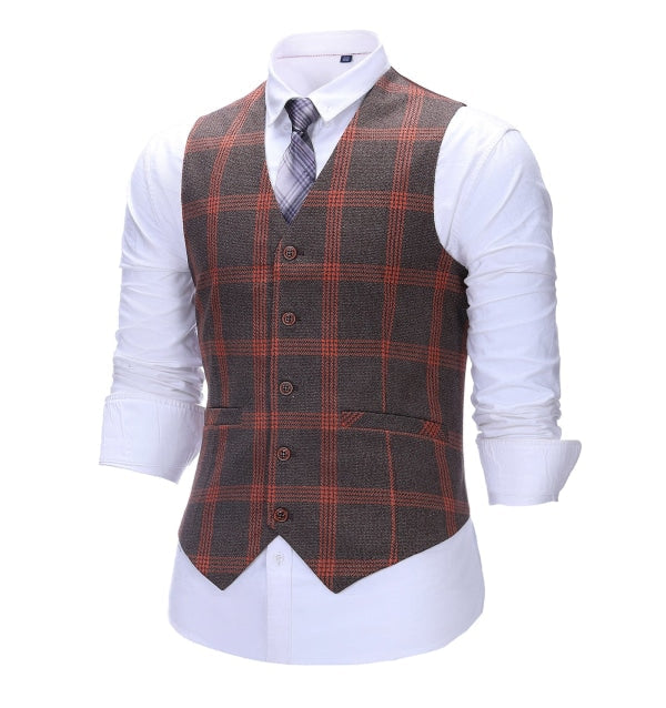 Men's 3 Pieces Classic Brick Red Coarse Plaid Suit