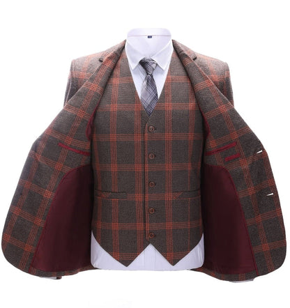 Men's 3 Pieces Classic Brick Red Coarse Plaid Suit