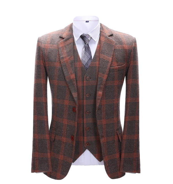 Men's 3 Pieces Classic Brick Red Coarse Plaid Suit
