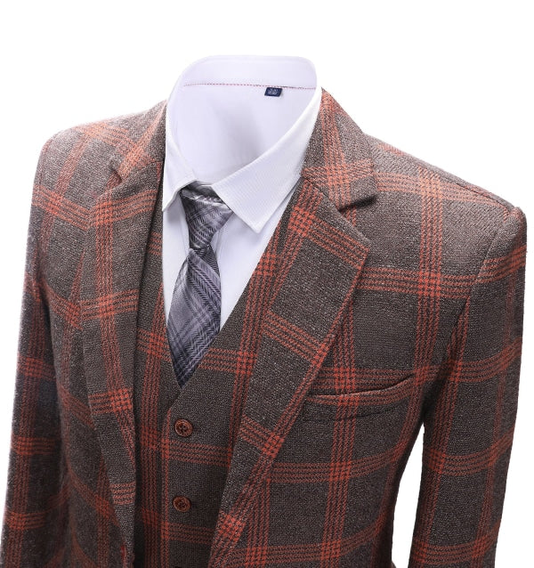 Men's 3 Pieces Classic Brick Red Coarse Plaid Suit