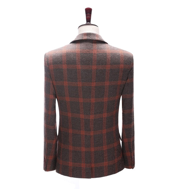 Men's 3 Pieces Classic Brick Red Coarse Plaid Suit