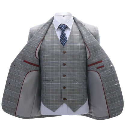 Men's 3 Pieces Classic Light Grey Herringbone Plaid Suit